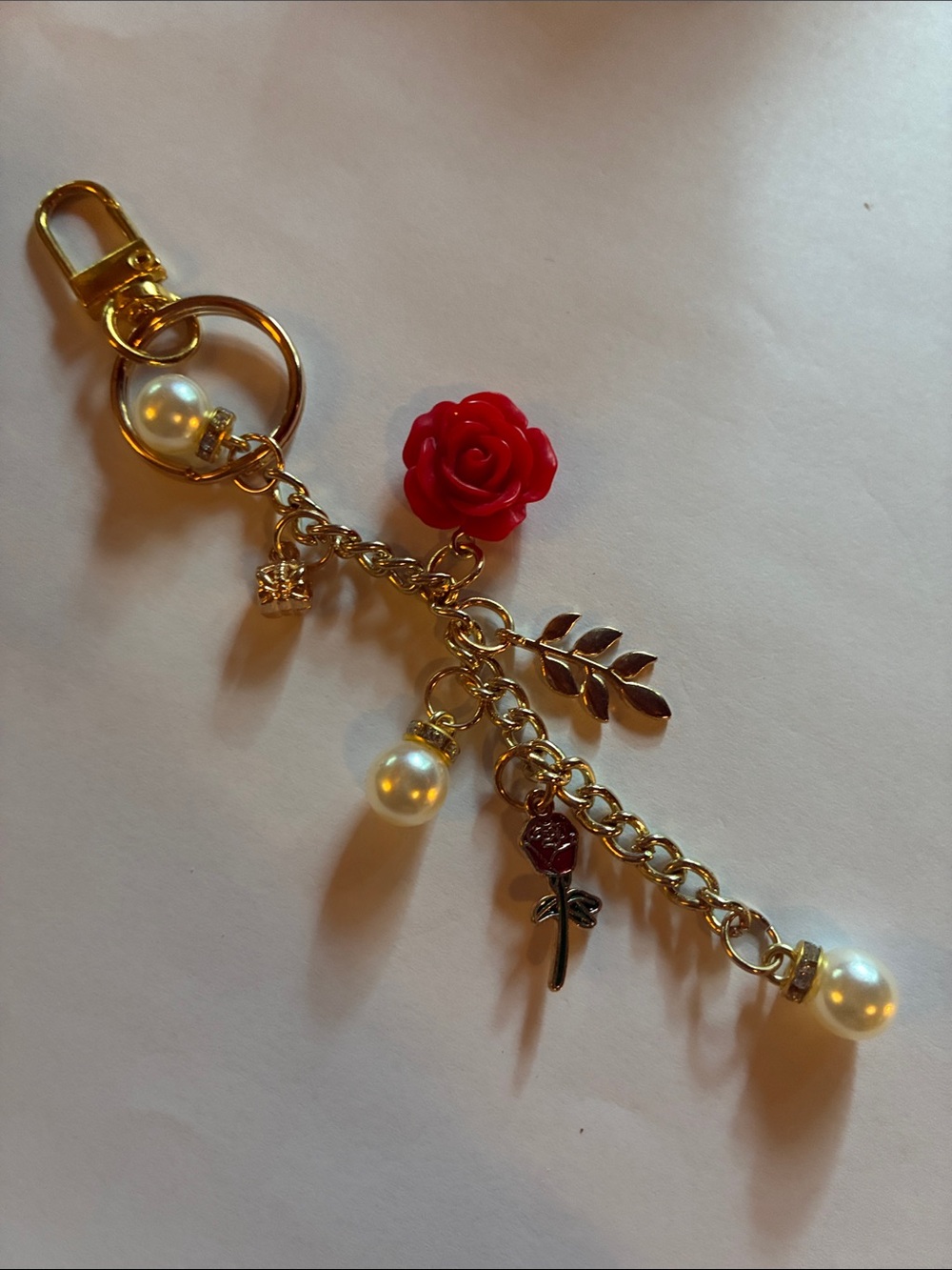 Gold-tone Red Rose Charm Keychain with Pearls